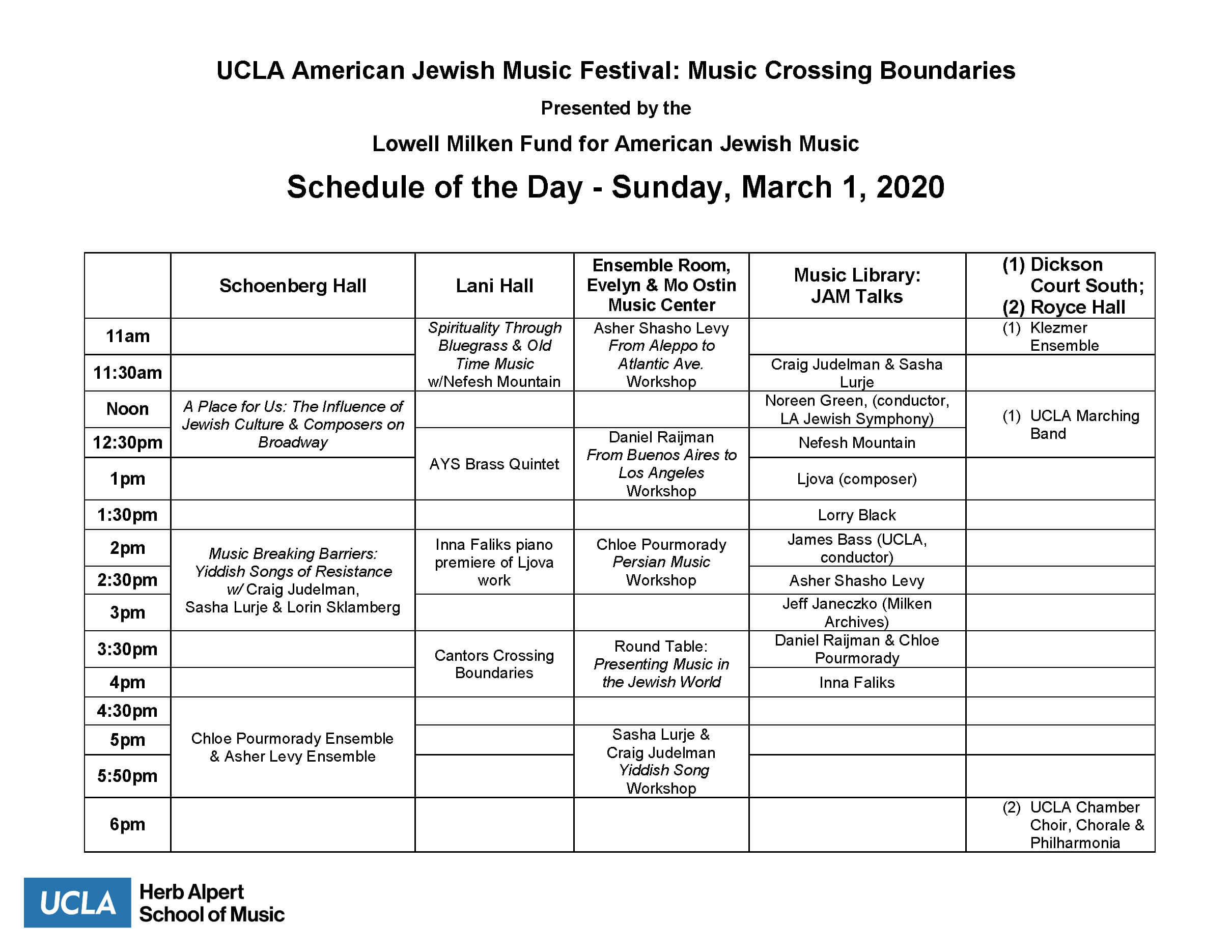 UCLA American Jewish Music Festival Schedule