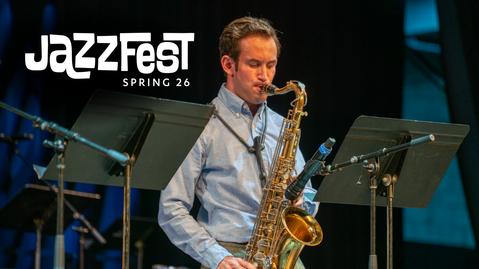 man playing a saxophone against a black background and the words Jazzzfest Winter 26 in graphic text.