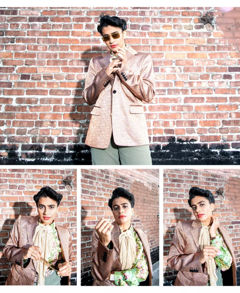Triptych of pictures of a woman with short brown hair standing in a suit.