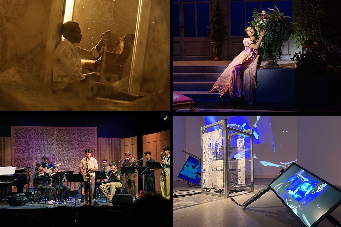 Pictures in four quadrants representing the different disciplines of artists of the graduating 2026 class.