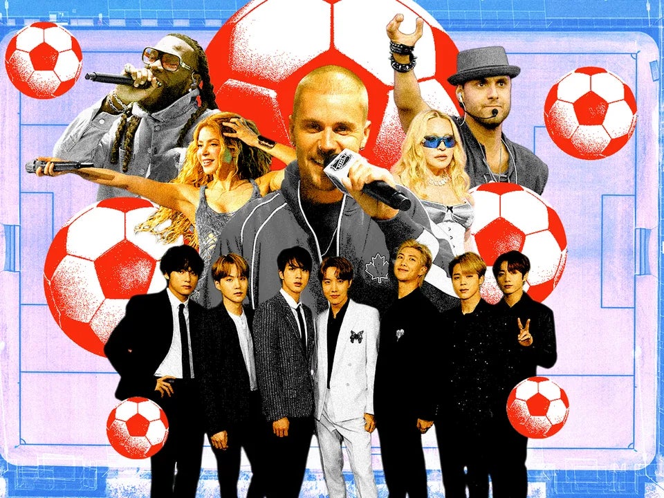 FIFA Half time performers with soccer ball graphics around them.