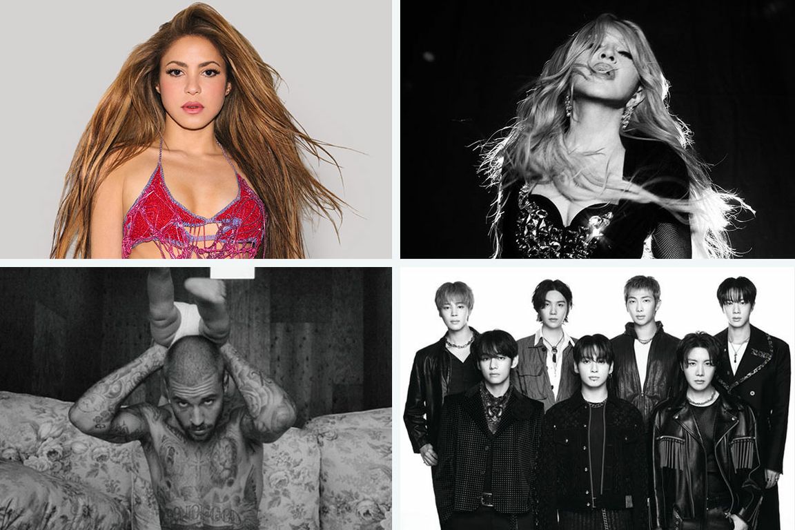 Four pictures showing different musical acts in the World Cup half time show.