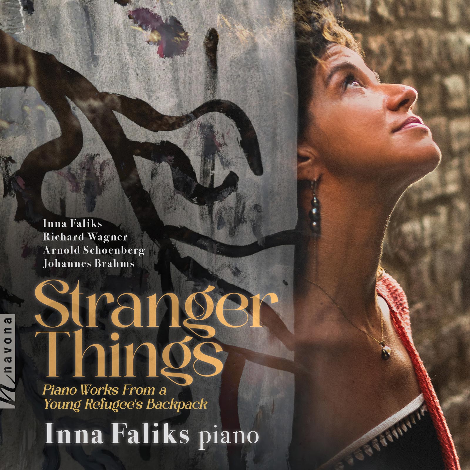 Album cover of Inna Faliks's new piano album: Stranger Things, Piano Works From a Young Refugee’s Backpack