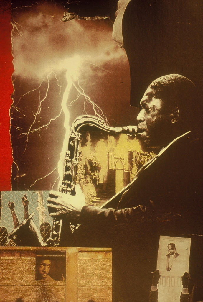 Painting collage showing John Coltrane playing the saxophone with a lightning bolt in the background.