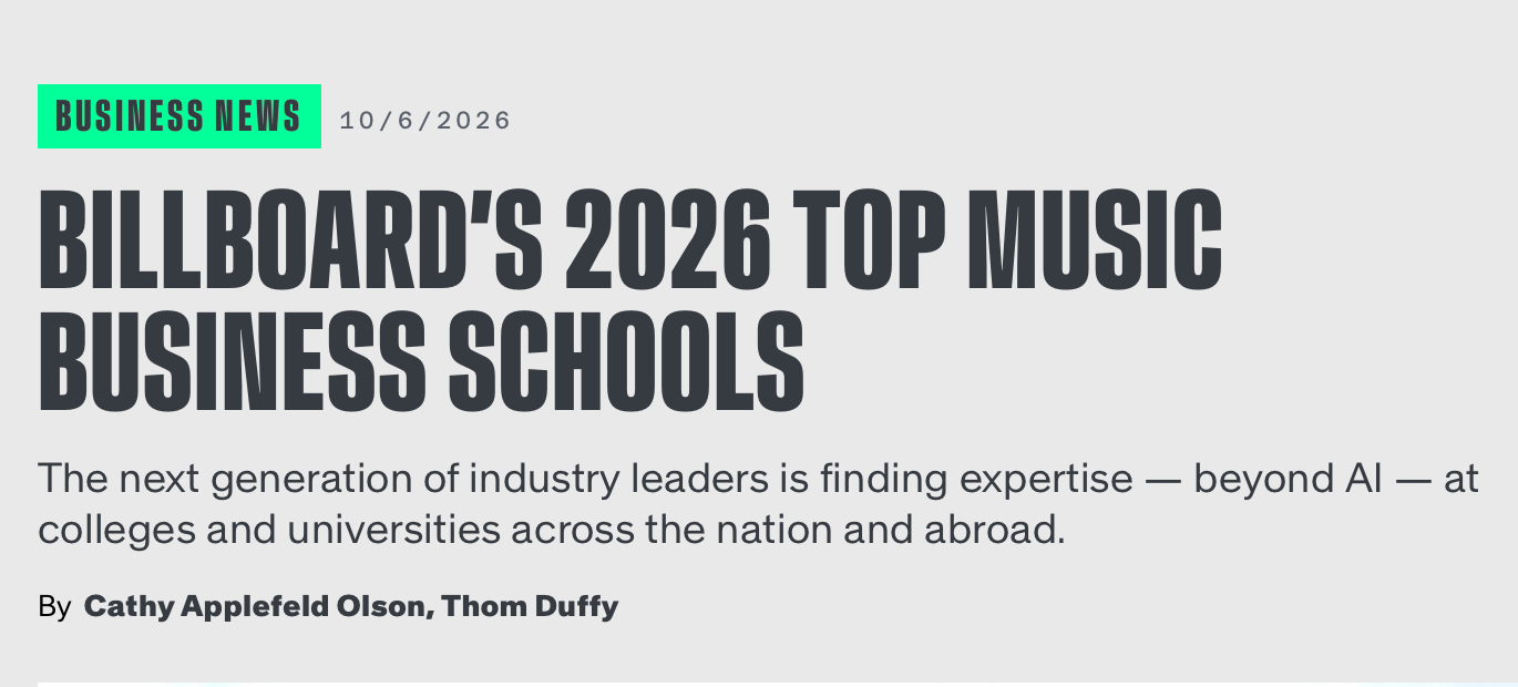 Headline reading Billboard's 2026 Top Music Business Schools